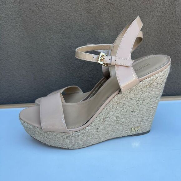 Michael Kors MK Nude Leather Platform Wedge Sandal Heel Size 11 Ankle Strap Pump - Picture 5 of 10